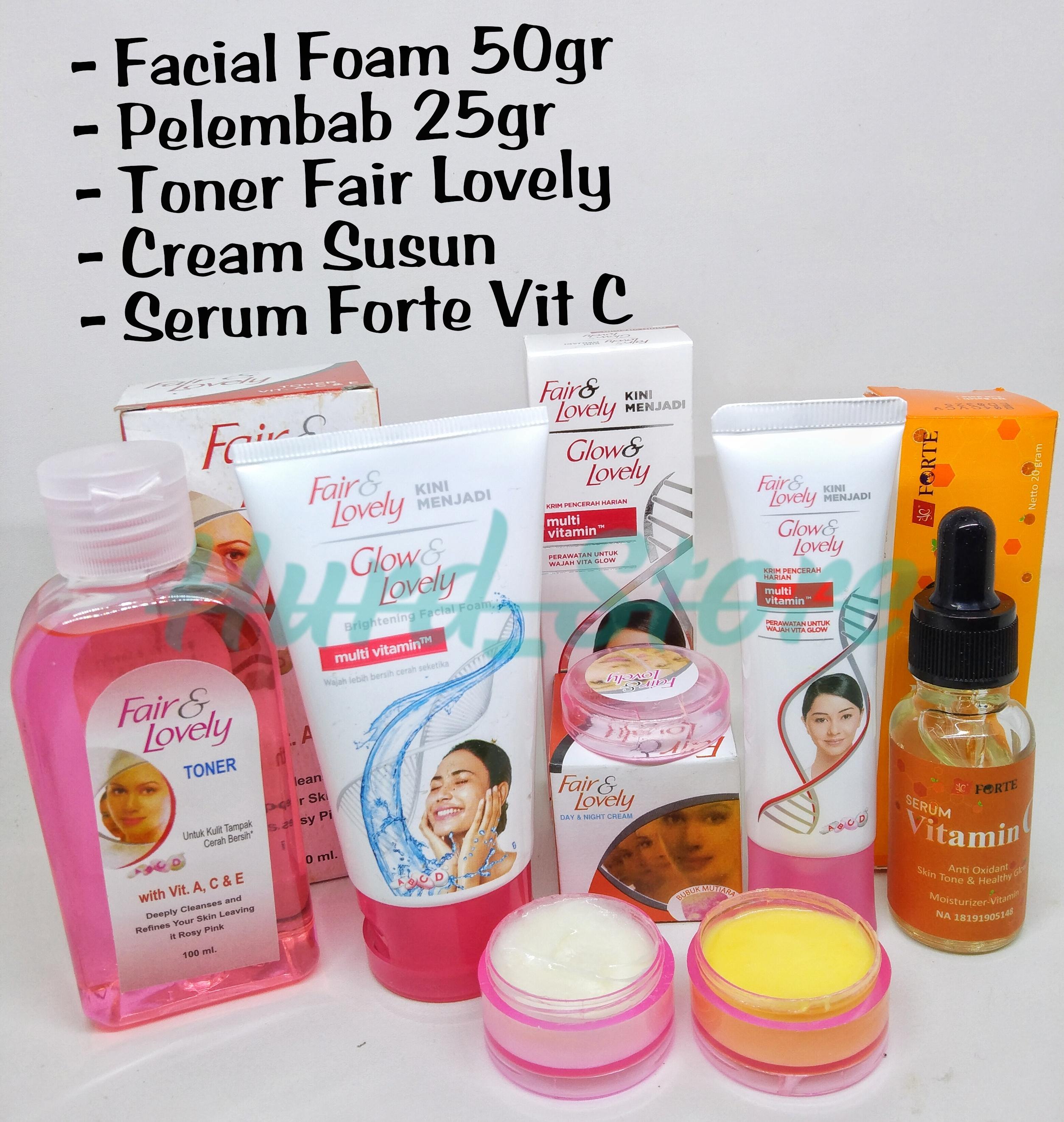 Paket 5 in 1 Fair And Lovely - Cream Siang Malam - Pelembab - Facial Foam 50gr - Toner Plus Serum Orange Forte Vit C