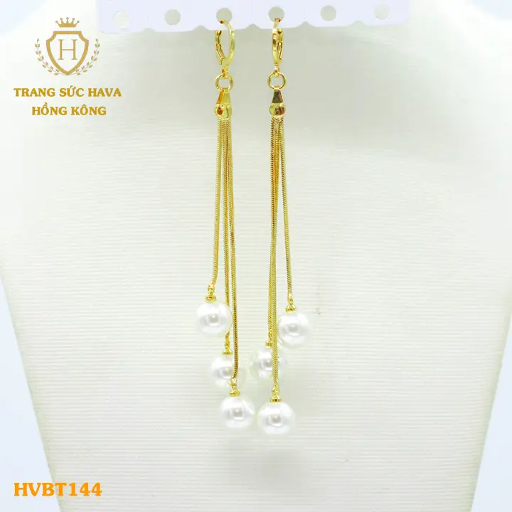 Khuyên Tai Nữ Titan, Bông Tai Ngọc Trai Loại 3 Hột Xi Mạ Vàng 24k Cao Cấp - Trang Sức Hava Hong Kong - HVBT144 1