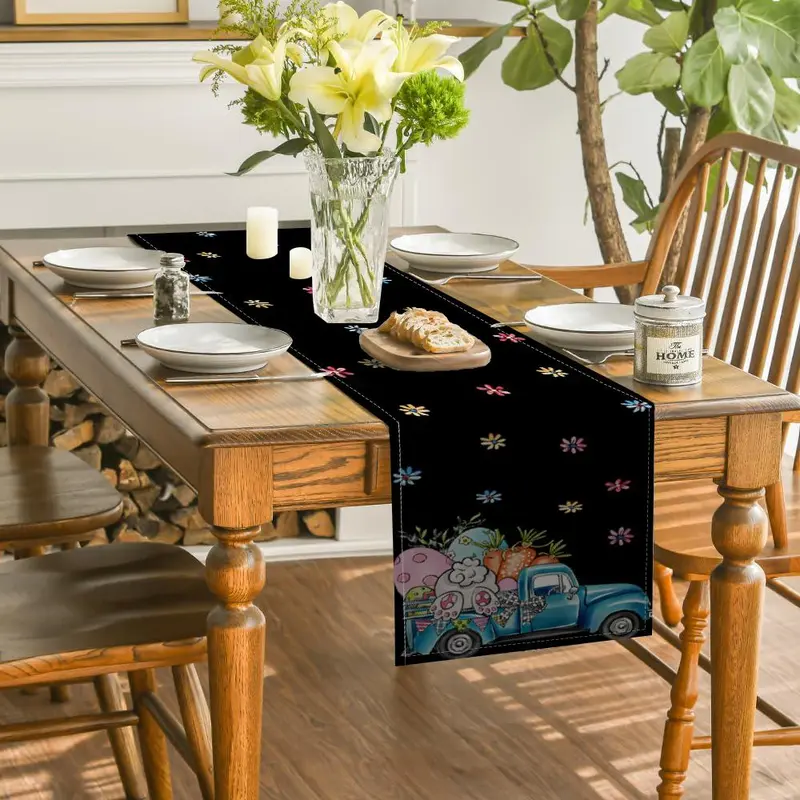 Easter Truck Pattern Table Runner, 1 Count Colorful Lovely Tablecloth, Table Decoration Supplies for Home Kitchen Dining Room Holiday Party 5