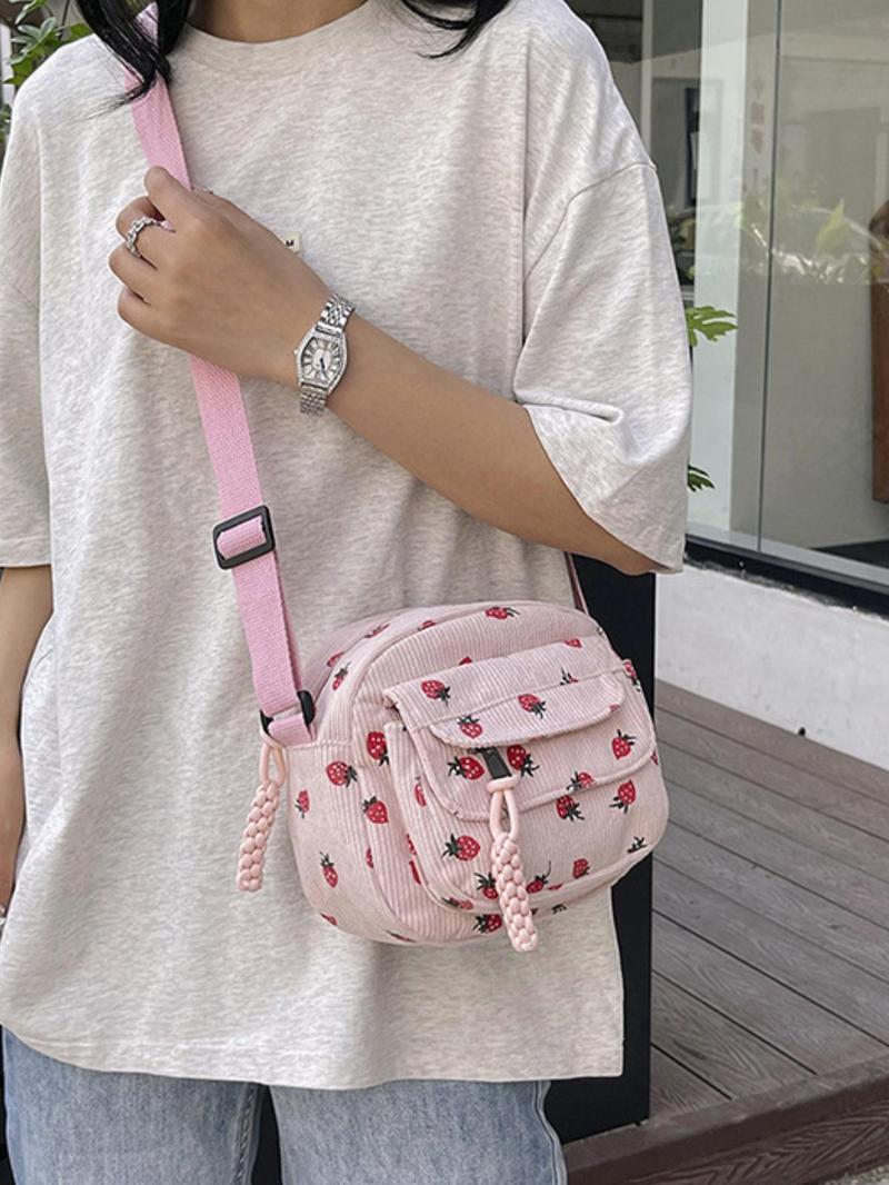 Product Introduction of Women's Strawberry Pattern Corduroy Crossbody Bag, Fashionable Zipper Shoulder Bag for Daily Used, Casual Trendy Versatile High-quality Commuting Bag 7