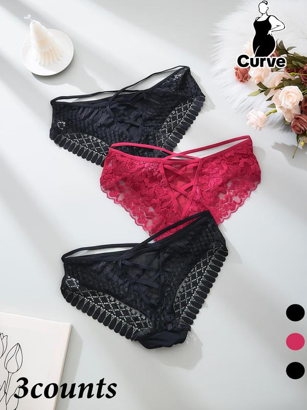 【Plus Size】  Floral Detail Contrast Mesh Lace Up Panty, Solid Color Sheer Fabric Knicker for All Seasons, Comfy Breathable Underwear for Women 4