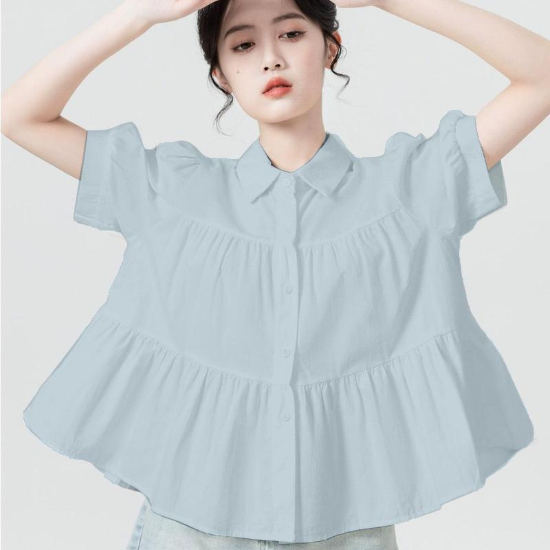 Áo sơ mi nữ kiểu babydoll tay phồng dáng xoè tiểu thư màu xanh, hồng, đen, trắng, kem Size SMLXL xuongmayvinhthuy Women somi hot trend Nhung Top