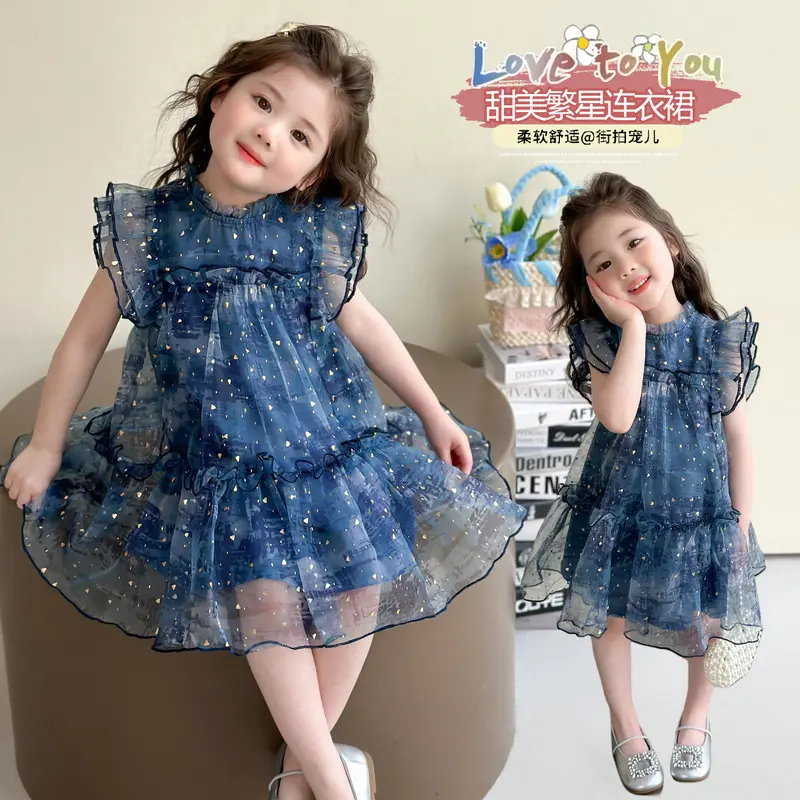 Girls Dress 2025 Summer New Mesh Princess Dress Flounced Sleeve New Little Girl Internet Celebrity Children Shirt