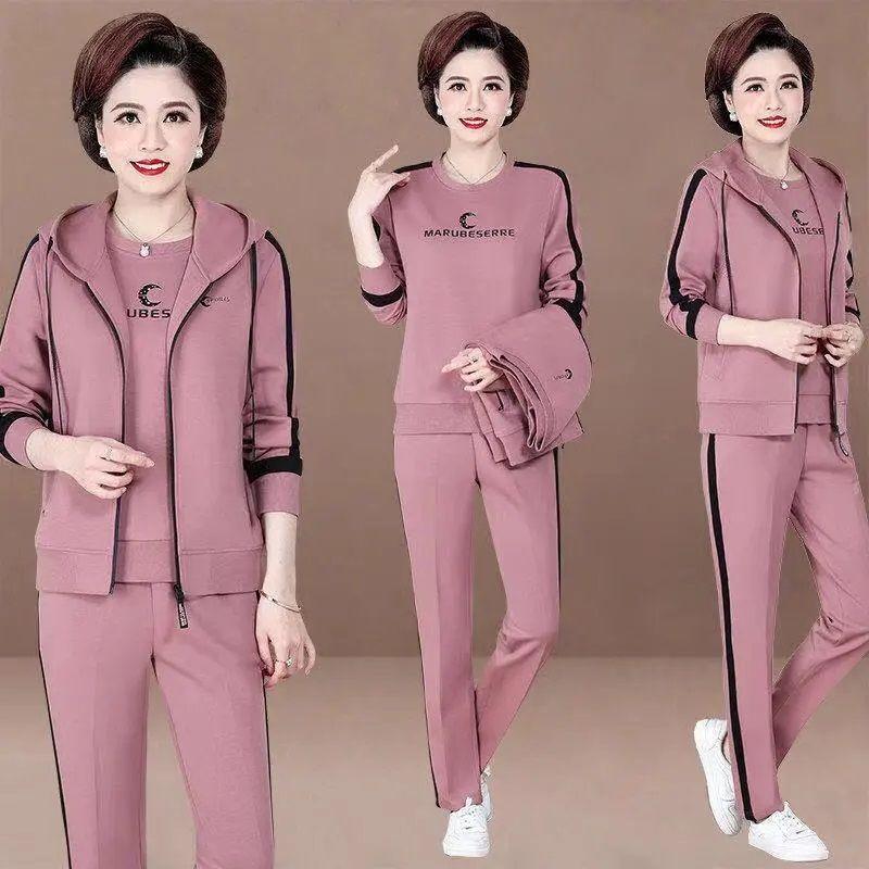 Bộ Đồ Quần Áo Thể Thao Cho Mẹ, Ba Mảnh, Cho Phụ Nữ Trung Người Già Và Cao Tuổi, Áo Len Thời Trang, Có Mũ Trùm Đầu, Ngoại Cỡ, Dáng Rộng Vừa Vặn, Thích Hợp Cho Mùa Xuân Và Mùa Thu, Đồ Mặc Ở Nhà 0