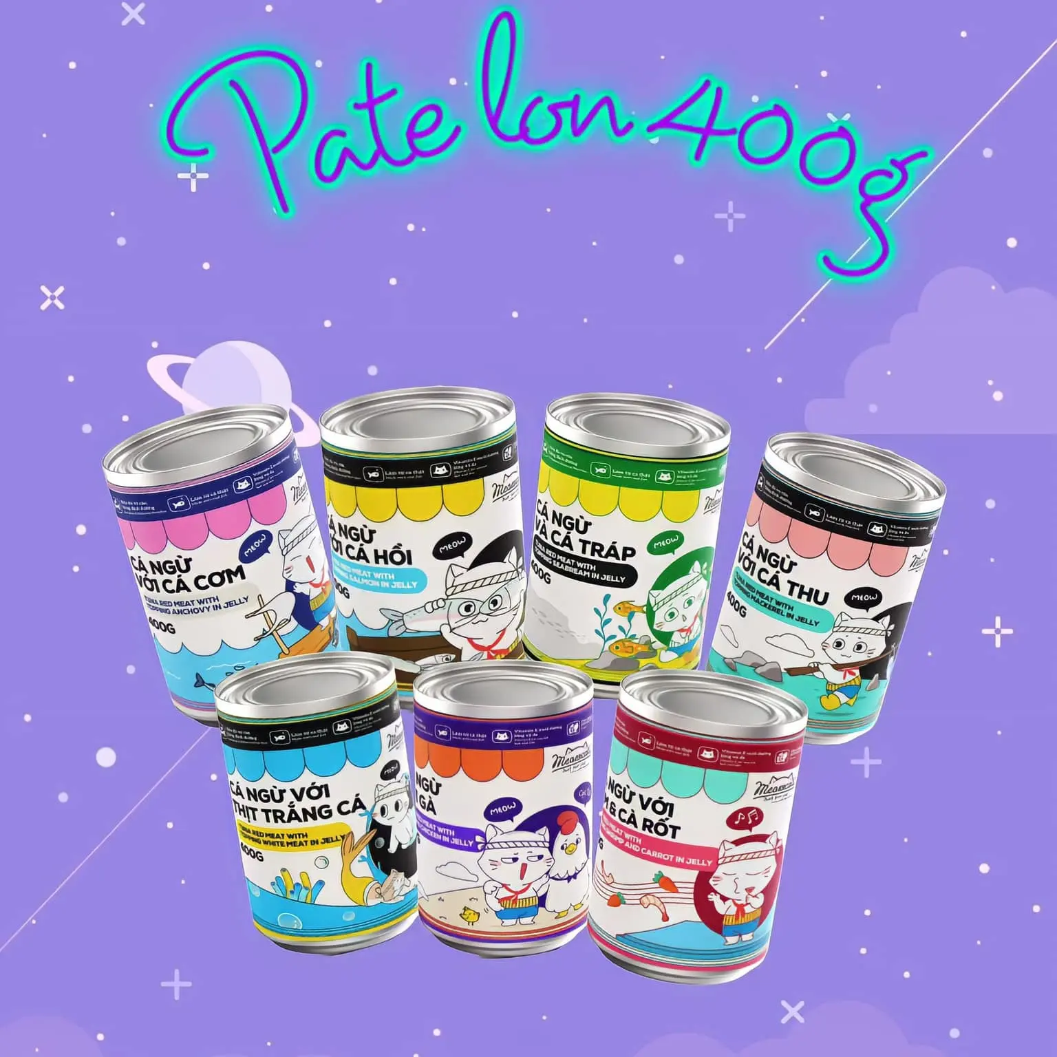 (400G) Pate Lon Meow Cat Cho Mèo 7 Vị Thơm Ngon