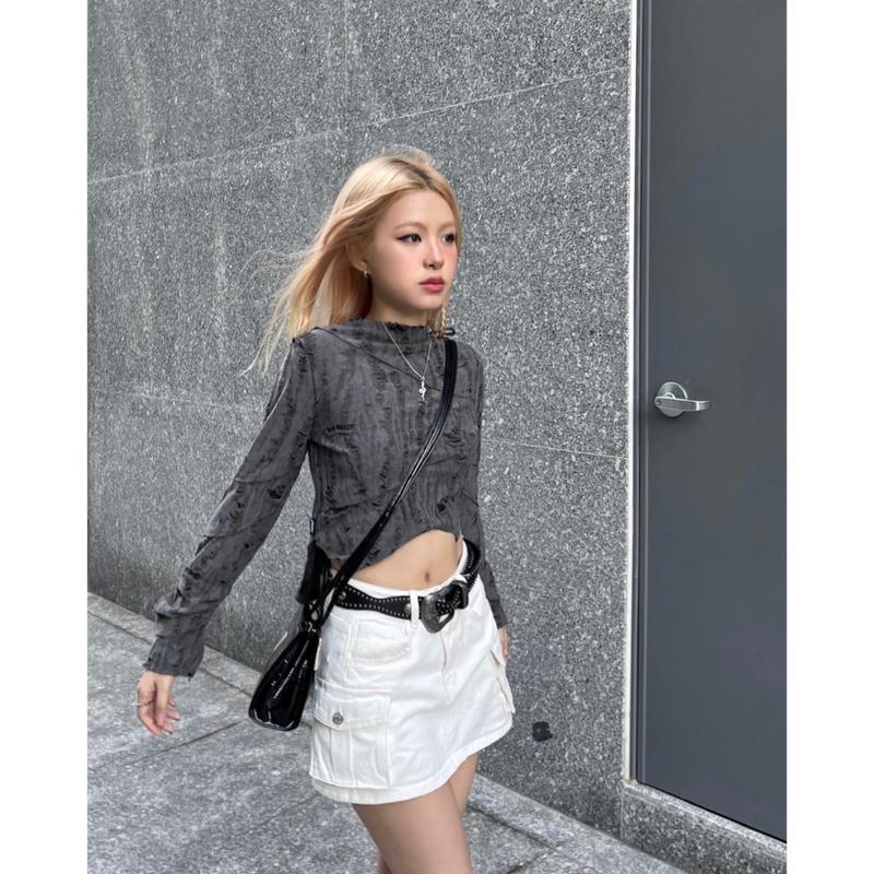MORSELA chính hãng - Áo croptop nữ kiểu tay dài SMOKE cổ lọ nhúm tay cách điệu phong cách cá tính 7