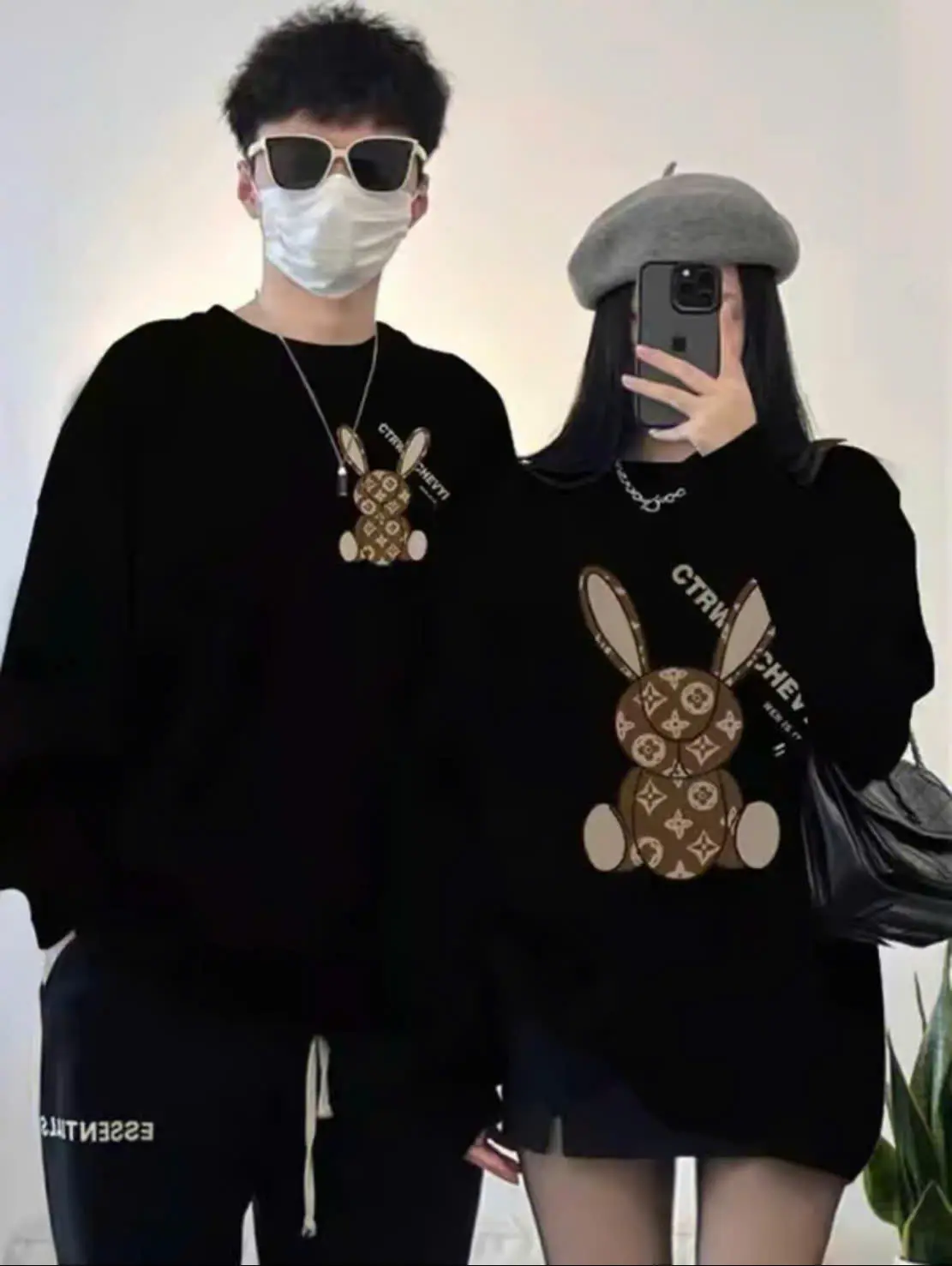 Áo đôi nỉ bông form rộng sweater hình thỏ Chevyi  kểu dáng unisex in 5D phong cách Hàn Quốc