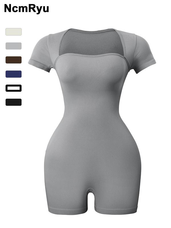 Women's Basic Square Neck Sports  Romper, Pickleball & Tennis Clothes, Lady Sporty Back To School Short Sleeve Ribbed Romper, Ladies   Minimalistic Clothes for Indoor Outdoor Wear, Womenswear 6