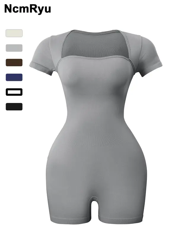 Women's Basic Square Neck Sports  Romper, Pickleball & Tennis Clothes, Lady Sporty Back To School Short Sleeve Ribbed Romper, Ladies   Minimalistic Clothes for Indoor Outdoor Wear, Womenswear 6