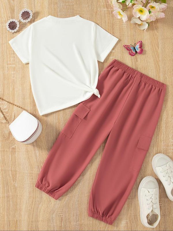Girl's Letter Print Tee & Pocket Pants Two-piece Set, Casual Short Sleeve T-shirt & Cargo Pants for Daily Wear, Kids Summer Clothes 1