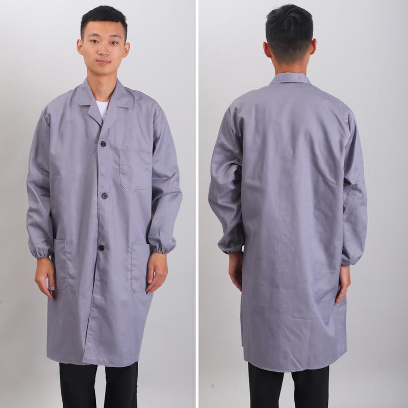 Women Men Work Coat Lapel Long Sleeve Elastic Cuffs Solid Color Washable Work Jacket with Pocket Single Breasted Mid-length Outwear 5