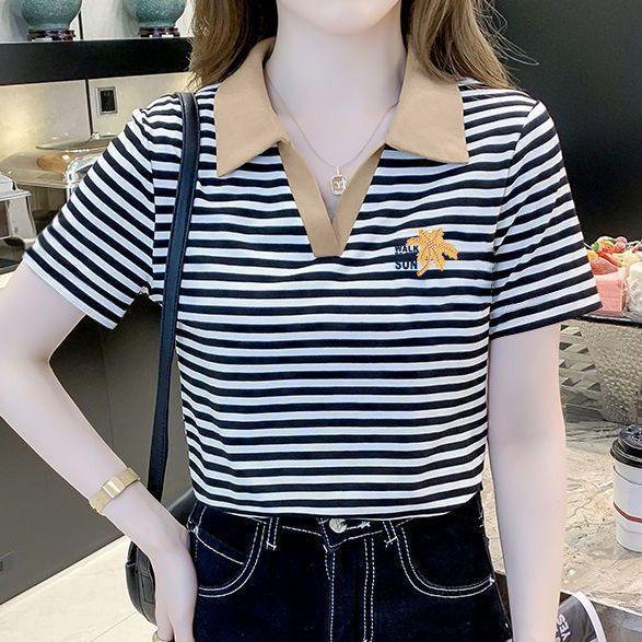 Áo Phông, Cổ Polo Sọc Nữ, ngắn Tay, Thời Trang Mới Cá Tính, Khâu Màu Tương Phản, Phong Cách Phương Tây, Dễ Phối Đồ, Thích Hợp Cho Mùa Hè, Áo Phông Thường Ngày Top Women 4