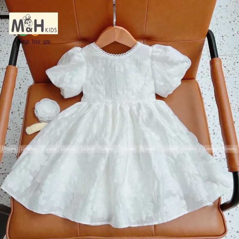 Váy Đầm Gấm Hoa Tay Phồng Cao Cấp Cho Bé Gái 2