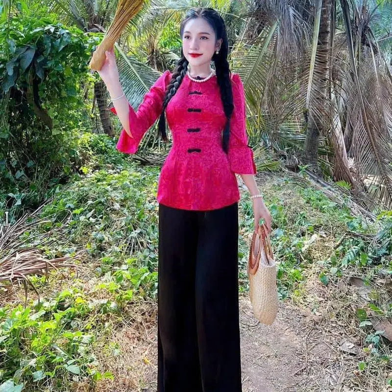 (Áo lẻ) bà ba tay loe, nút tàu sò đen chất vải gấm miềm mịn thấm hút mồ hôi tôt, áo bà ba gấm đủ size đủ màu. 6