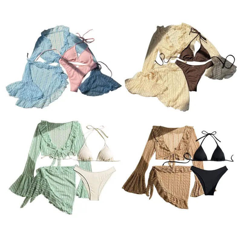 Bộ Đồ Bơi Gợi Cảm, Áo Ngực Cổ Yếm Với Quần Lót Buộc Dây Bộ Đồ Bơi Buộc Dây Gợi Cảm Với Viền Xếp Ly Che Kín, Bộ Đồ Bó Và Váy Cổ Yếm Phong Cách Bãi Biển, Dành Cho Nữ, RCM 4