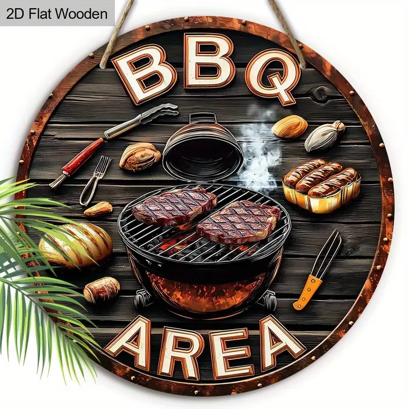Wooden BBQ Theme Round Hanging Sign, 1 Count Creative Grill Area Hanging Ornament, Wall Decor for Home Garden Balcony Party 5