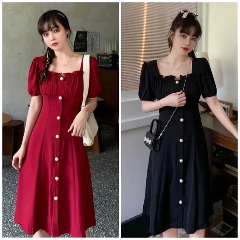 Đầm cổ vuông nút ngọc 2 màu (kèm hình thật)