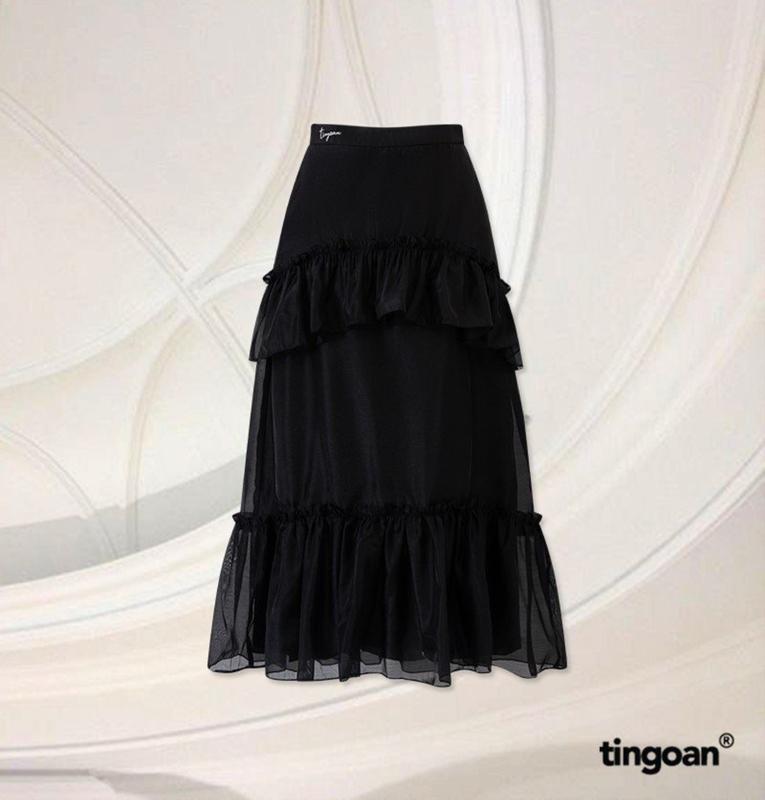  TINGOAN - Chân váy dài cạp cao đen thêu chữ tingoan cạp váy bèo nhỏ 2 tầng LIU WEN SKIRT BL 