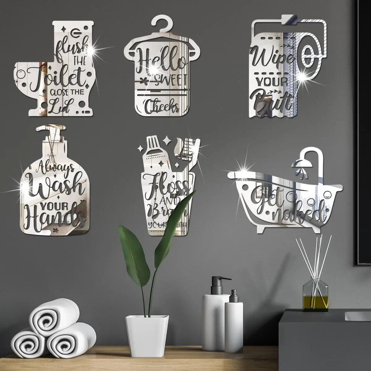 Bathroom Mirror Wall Sticker, 6pcs Funny Slogan Pattern Wall Decoration, Acrylic Wall Art Decoration for Bathroom & Laundry Room & Shower Room