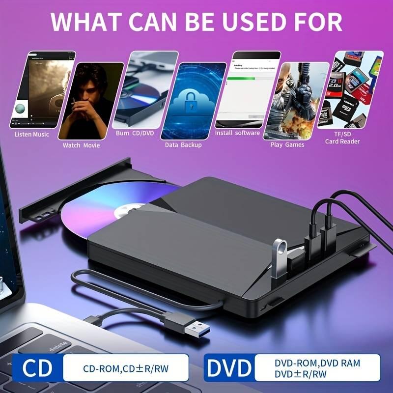 Product Introduction of Multifunctional USB3.0 Notebook External DVD Burning CD Drive, Computer External CD Drive, 7-in-1 Optical Drive for Laptop, Desktop, PC, MAC 7