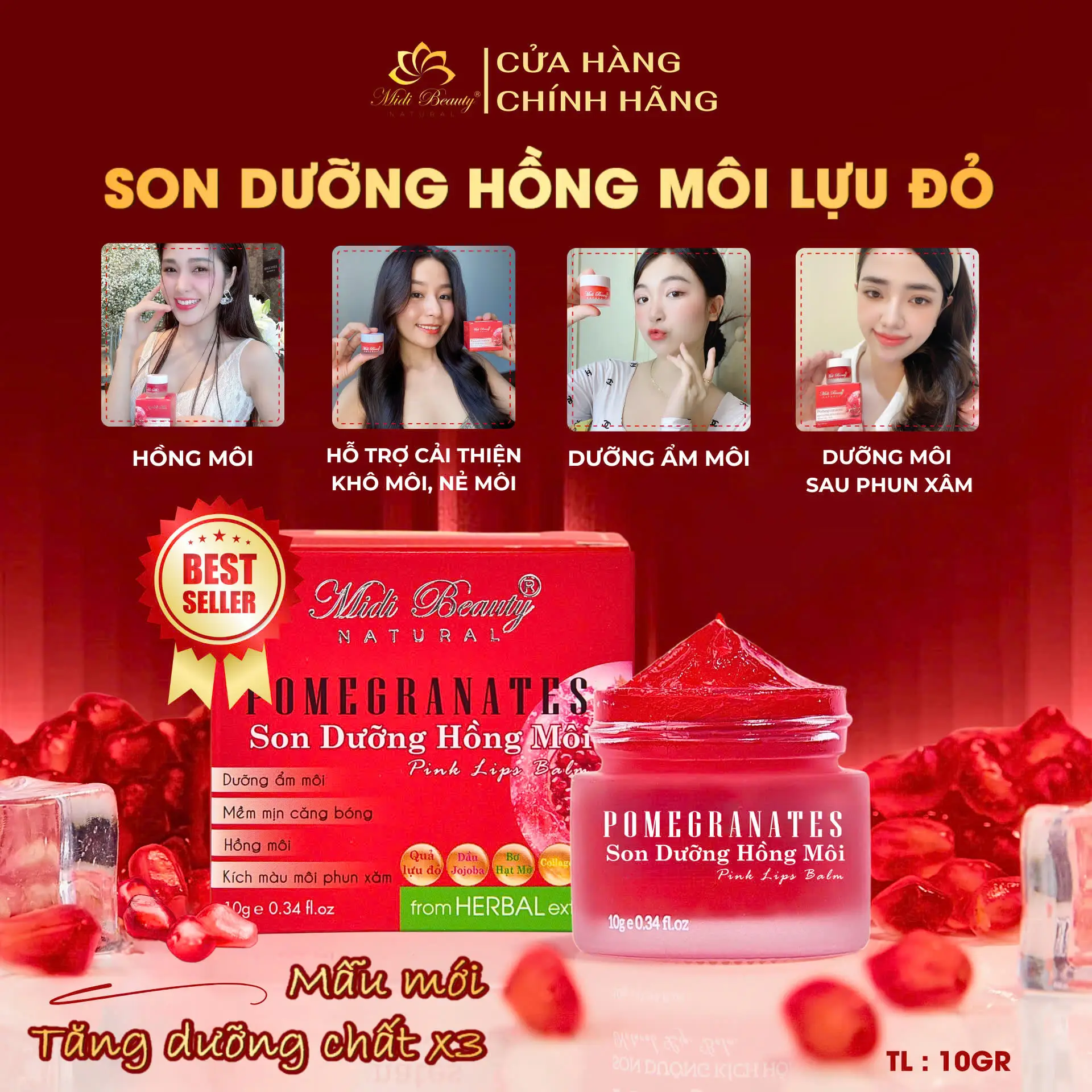 Son Dưỡng Hồng Môi LỰU ĐỎ 10G Midi Beauty Natural-Pomegranates Natural Lip Balm 10gr: Hỗ trợ lên màu môi phun xăm, Dưỡng môi mềm mịn và Hồng môi [Kèm Thẻ Bảo Hành] Skincare Môi