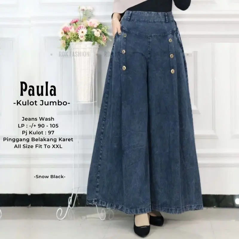 ALAZKA KULOT JEANS JUMBO PALAZZO PAULA  SNOW BIRU DAN HITAM Fit Pinggang Karet Celana Panjang Wanita Payung Bawah Lebar 0