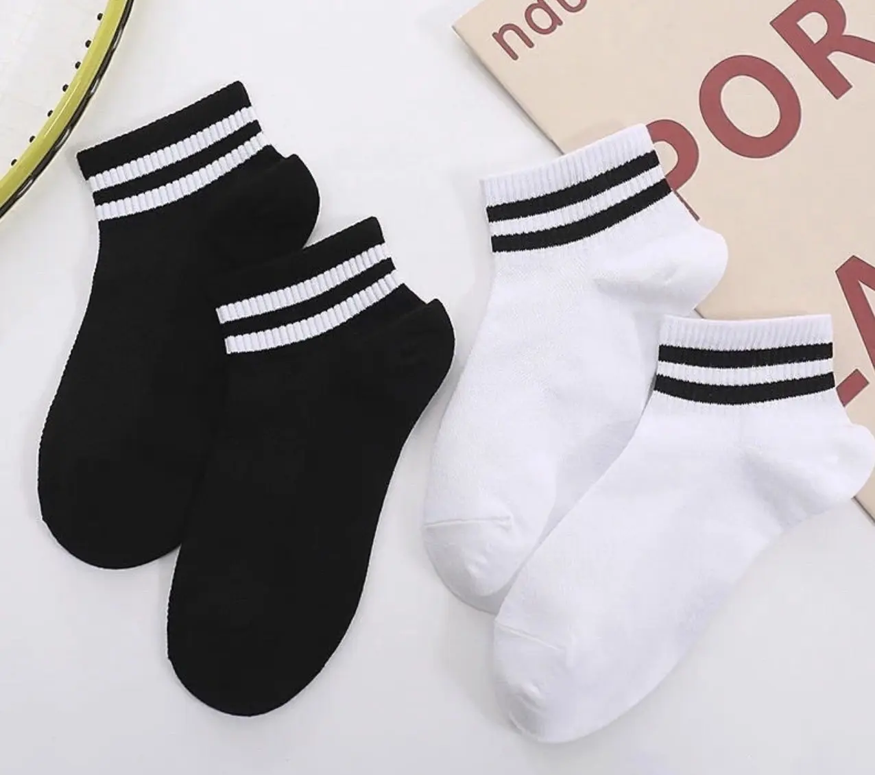 Sét  5-10 đôi tất nam nữ cổ ngắn chất cotton sọc trắng đen