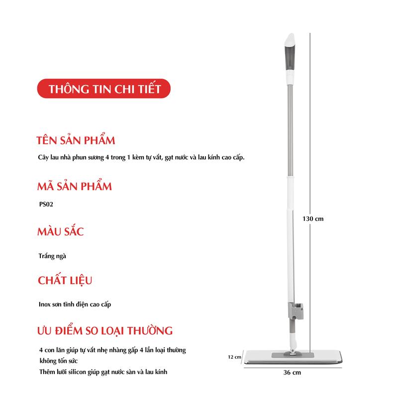Bộ cây lau nhà phun sương và tự vắt BENTOMOP THAILAND , gạt nước, lau kính cao cấp 4 in 1 Lau Sàn (Tổng 3 bông) - BH 6 tháng