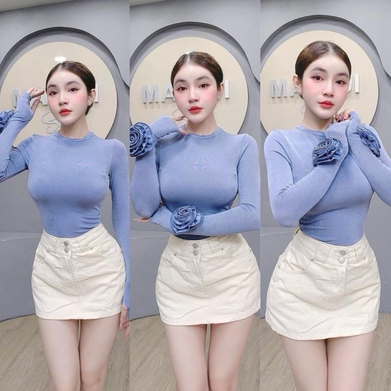 A93 - Áo Cổ Tròn Tay Dài Xỏ Ngón Đính Hoa Mai Bùi Store