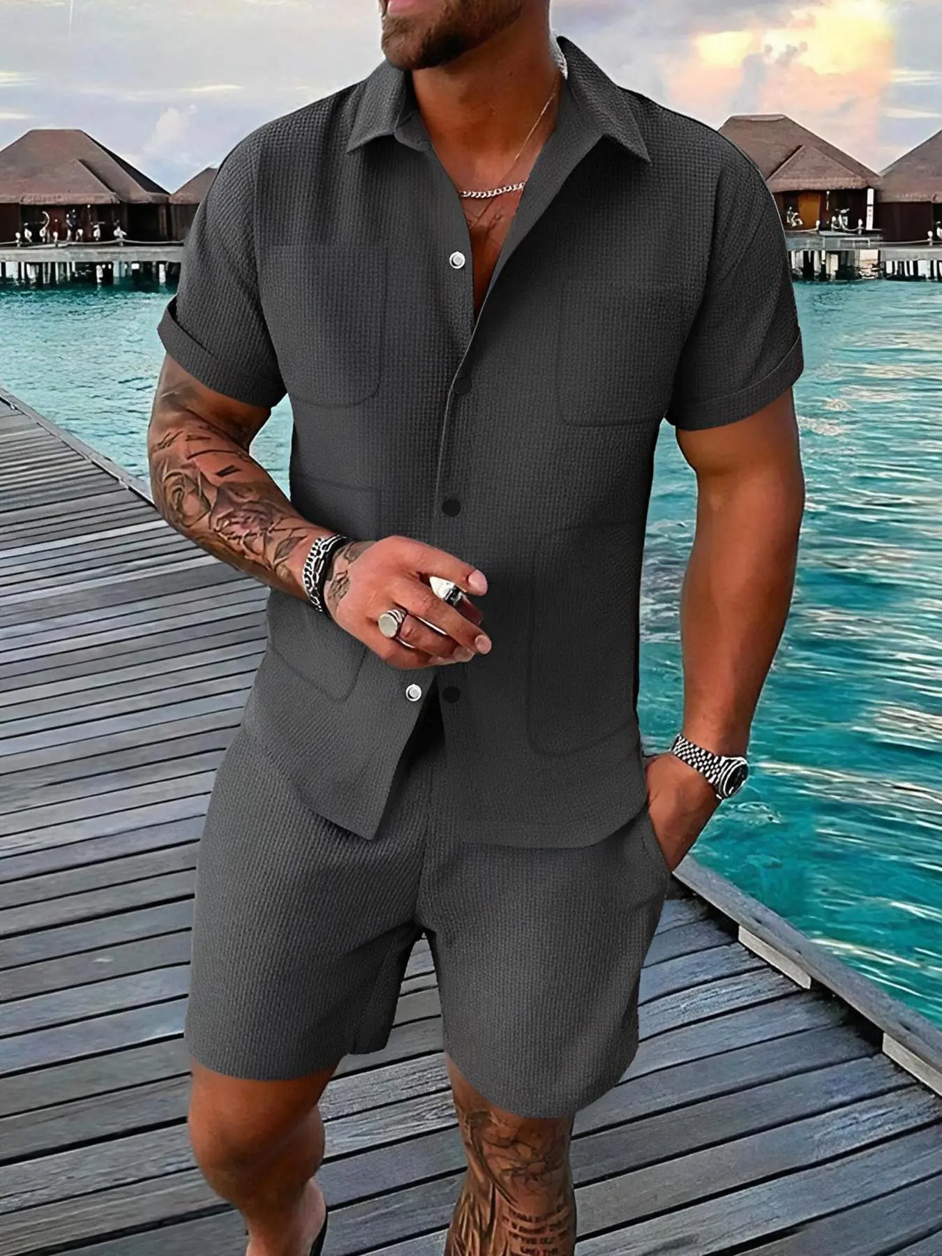 Men's Solid Short Sleeve Shirt & Shorts Satin Set, Regular Fit Casual Button Down Collared Top & Shorts, Men Summer Outfits Set for Vacation Holiday Beach, Menswear
