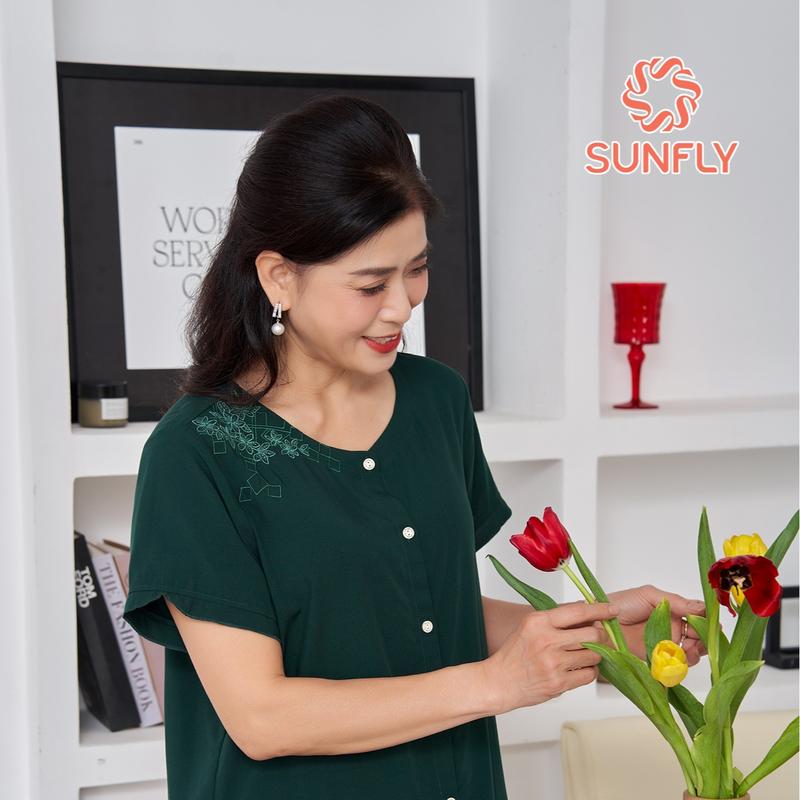Bộ Lanh Mặc Nhà SUNFLY Áo Cộc Quần Dài SP2174 8