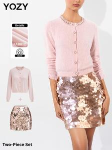 YOZY Women's Faux Pearl & Rhinestone Decor Cardigan & Sequins Skirt Set, Women's Clothing for Daily Wear