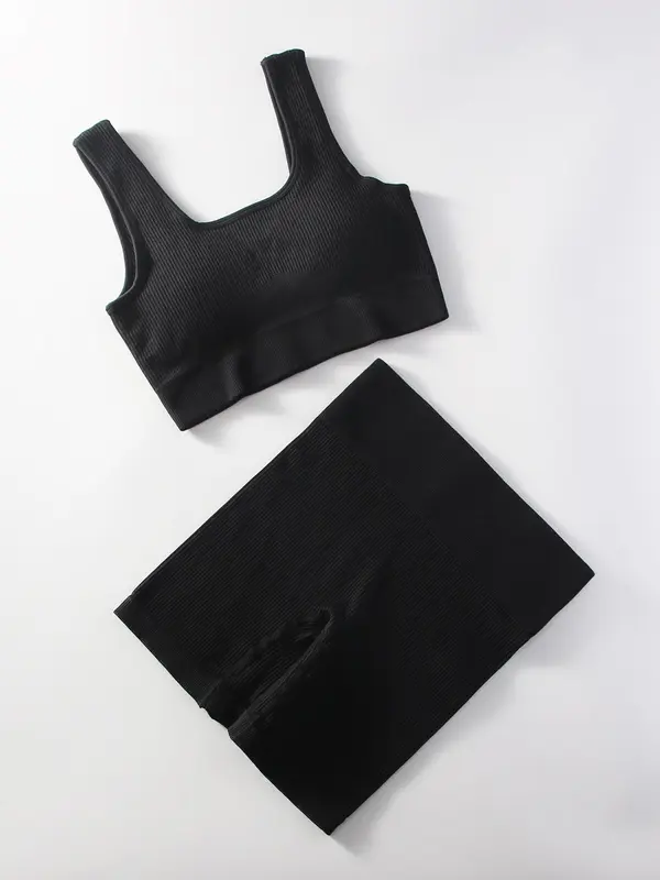 Women's Solid Ribbed Crop Top & High Waist Shorts Sportswear Set, Casual Comfy Breathable Two-piece for Yoga Gym Workout Running, Ladies Sportswear for All Seasons 3