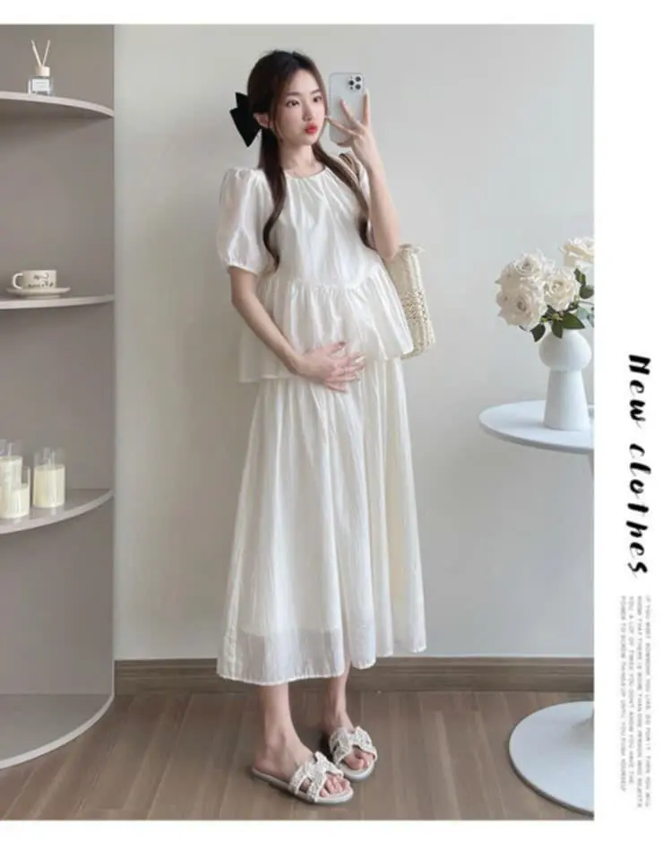 Set Đầm Váy Bầu Sang Chảnh Cộc Tay Mùa Hè Chất Liệu Tơ Tằm Cao Cấp, Gồm Áo Babydoll Và Chân Váy Dáng Dài, đi chơi đi làm