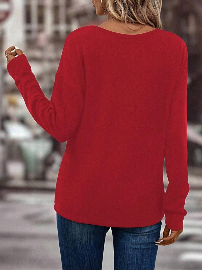 Product Introduction of Women's Plain Drop Shoulder V Neck Tee, Casual Long Sleeve T-shirt for Spring & Fall, Women's Top for Daily Wear, Tops for Women, Clothes for Women 19
