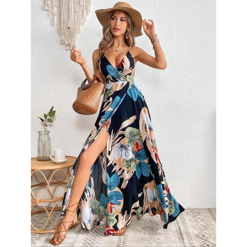 Women Boho Floral Print Backless V Neck Maxi Dress Women Boho Floral Print Backless V Neck Maxi Dress