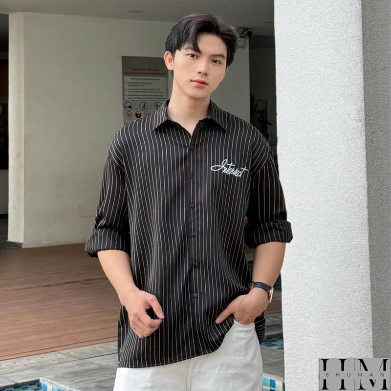 Áo sơ mi dài tay Tuytsi Kẻ Sọc in chữ phong cách SIXHUMAN HM201 Menswear Shirt