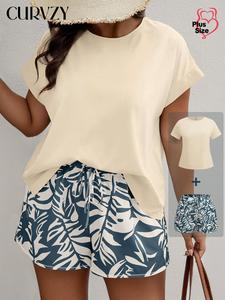 CURVZY Plus Size Two-Piece Set Plain Blouse & Leaf Print Shorts, Casual Short Sleeve Top & Shorts, Women's Two-piece for Summer Beach Holiday Vacation