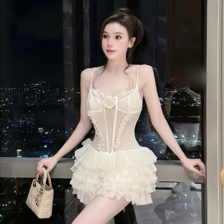 Váy thiết kế hai dây ren lưới chân tầng dáng ngắn NQd7 