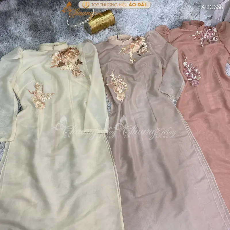 Áo Dài Cách Tân Nữ Thiết Kế Tay Bồng Lụa Tơ Hồng Da Nude Be 4 Tà Ren Hoa Cao Cấp Dự Tiệc Lễ Tết Đẹp Kem Women Dress Nhung ADC338 4