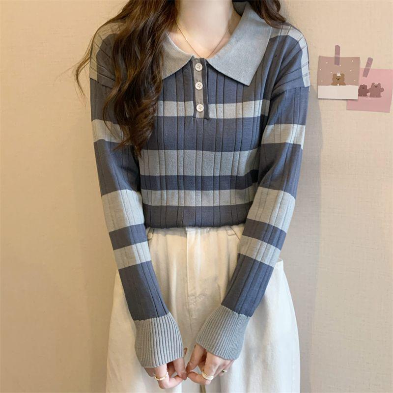 Product Introduction of Striped Polo Collar Knitwear for Women 2024 Spring and Autumn New Contrast Color Design Chic Slim Short Long Sleeve Top Womenswear Lingerie Comfort Knitting Collared 3