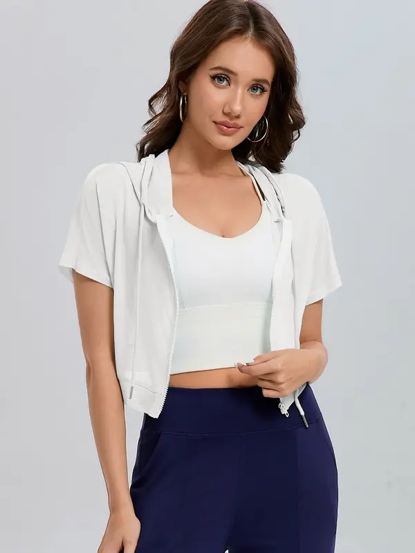 Women's Solid Zip Up Sports Jacket, Breathable Sun Protection Short Sleeve Open Front Outerwear for Gym Workout Running, Ladies Sportswear for All Seasons, Womenswear 4