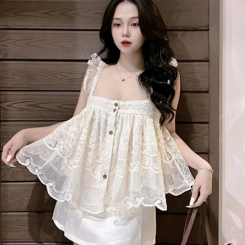 Set Babydoll Ren Viền Bèo Phối Chân Váy
