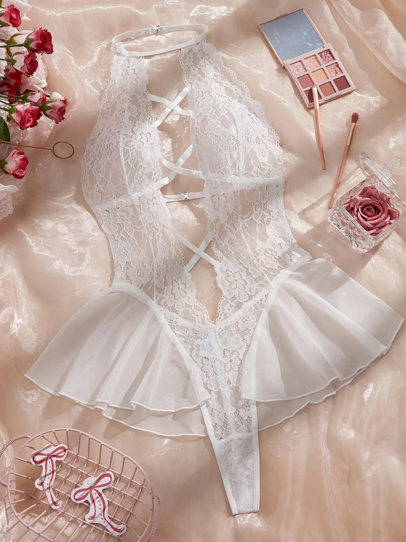 Women's Solid Sheer Floral Lace Sexy Bodysuit, Romantic Comfy Breathable Lingerie for Daily Wear, Women's Lingerie for All Seasons