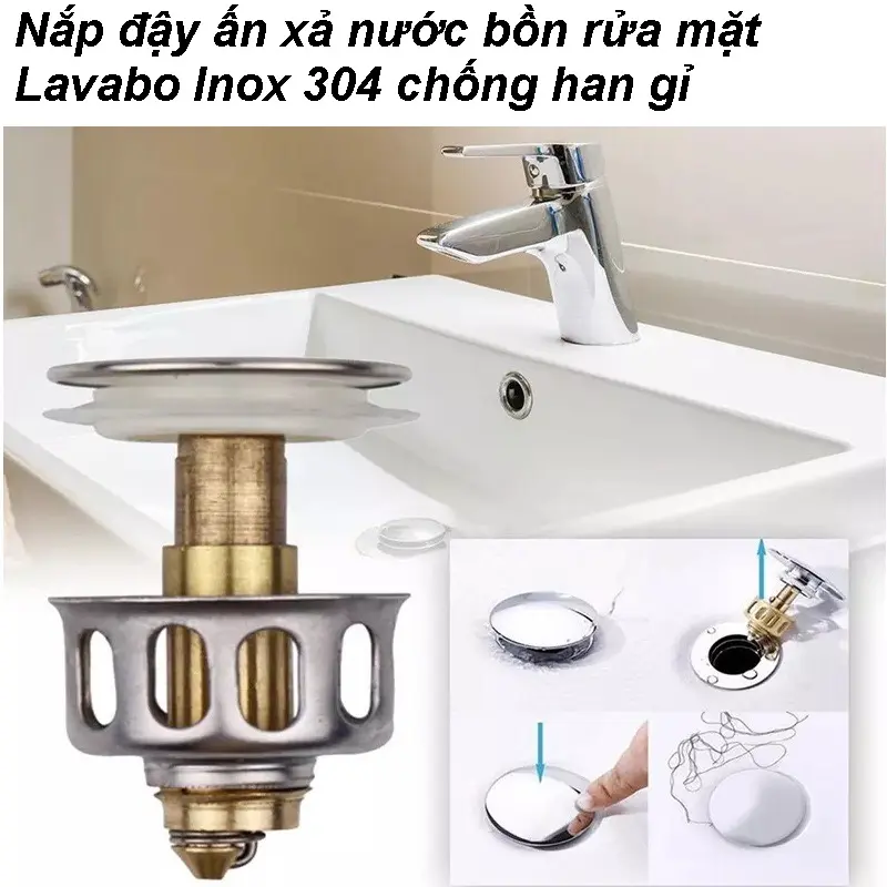 Nắp đậy ấn xả nước bồn rửa mặt Lavabo Inox 304 chống han gỉ 3