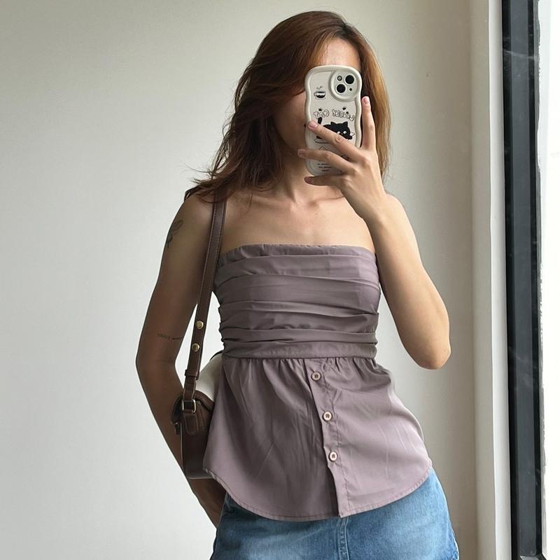 Áo ống cúp nguc dáng xoè RENSI quây chun xếp ly cài nút sơ mi ôm gọn A01 Nữ Top Trắng 6