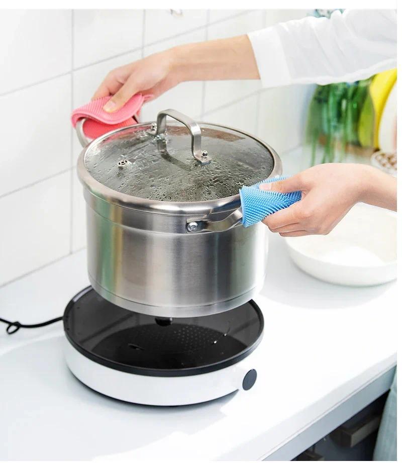 Product Introduction of 3Pcs Kitchen Cleaning Brush Silicone Dishwashing Brush Fruit Vegetable Cleaning Brushes Pot Pan Sponge Scouring Pads Table Mat 12