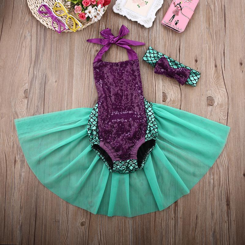 Product Introduction of Baby Girls Summer Clothes Set Sleeveless Lace-up Mermaid Romper with Tulle Tutu Skirt + Headband 2Pcs Casual Beach Outfits 38