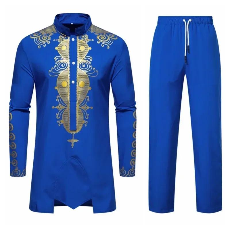 Product Introduction of New Personality Men's Long Sleeve Shirt Sets Leisure Dinner Print Design Medium Long Clothes for Men 7