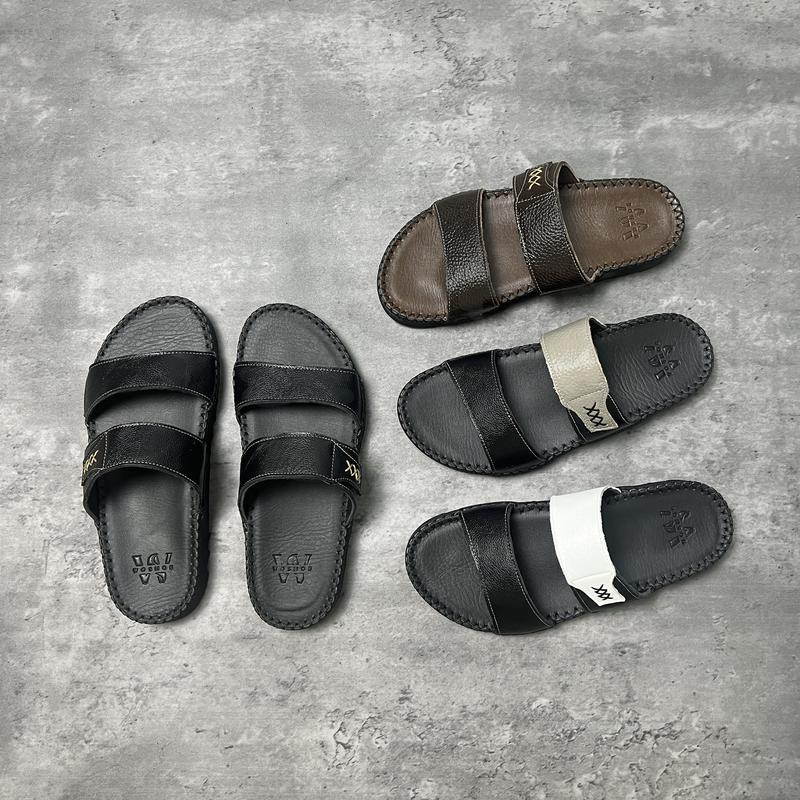 Dép Nam Da bò quai ngang 2 dây WOSHOE Dép Doctor nam da bò mũi tròn đế cao su đúc